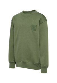 Langærmet olivengrøn crewneck sweatshirt med ribbet manchetter og kant, med et lille præget logo på venstre bryst.
