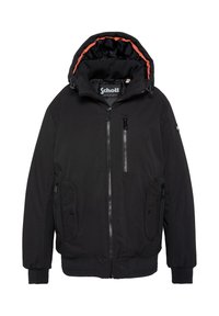 Schwarze isolierte Jacke mit abnehmbare Kapuze, zwei Fronttaschen und Reißverschluss. Das Innenfutter ist leuchtend orange.