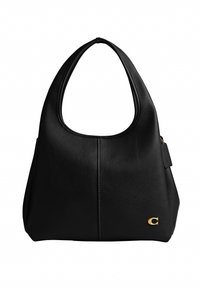Bolso hobo de cuero negro con asa superior curva, costura central y pequeño logo dorado en forma de "C" en la esquina inferior derecha.