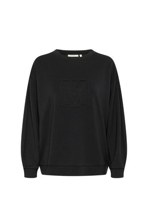Black sweatshirt made of soft fabric, featuring a crew neckline, long batwing sleeves, and an embossed logo in the center.