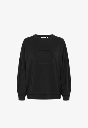 Juodas džemperis, pagamintas iš minkštos medžiagos, su apvalia iškirpte, ilgomis plačiomis rankovėmis ir reljefiniu logotipu centre.