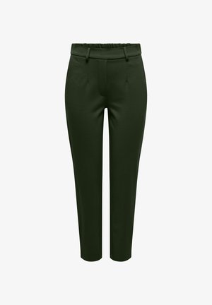 Mørkegrønne bukser med en glat tekstur, som har elastisk liv, flad front og taperede ben. Ingen synlige lommer.