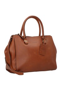 Bruine leren handtas met dubbele bovenhandvaten en een afneembare schouderriem. Bevat een ritssluiting, metalen accenten en een merklabel.