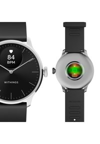Smartwatch con cassa in acciaio inossidabile silver, quadrante rotondo nero che visualizza la frequenza cardiaca e cinturino in silicone nero. Sensore di luminosità sul retro.