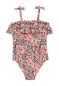 Egy darabból álló fürdőruha rózsaszín leopárdmint�ával, fodros nyakkivágással és megkötős vállpántokkal. Simább, rugalmas anyagból készült a kényelem érdekében.