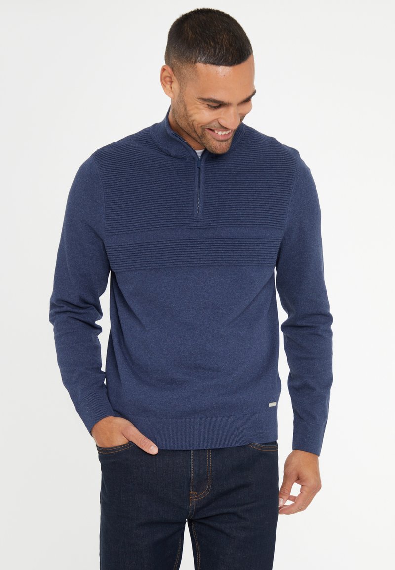 Navy-blaues Zip-Kragen-Sweatshirt mit strukturierten Horizontalstreifen im oberen Bereich. Aus weichem Material gefertigt, mit gerippten Bündchen und Saum.
