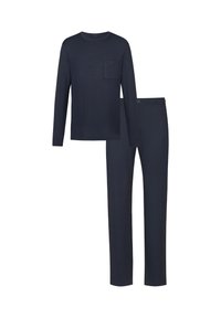 Camicia a maniche lunghe blu navy con taschino sul petto e pantaloni abbinati. Tessuto morbido e liscio; design a taglio dritto.