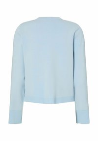 Lys blå strikket genser med rund hals og lange ermer, med ribbet kant og mansjetter. Jevn tekstur og litt kortere design.