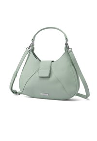 Borsa a tracolla in pelle verde chiaro con forma curvata, dotata di chiusura a pattina e tracolla regolabile. Presenta dettagli in metallo argentato.