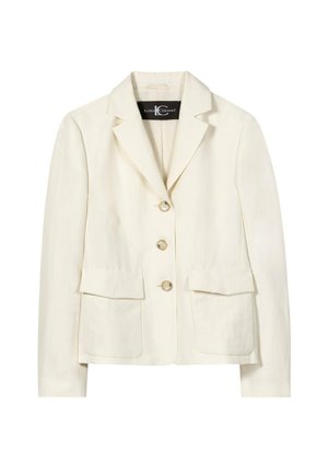 Cream-colored women's blazer with notch lapels, three buttons, and two front flap pockets, displayed on a white background.