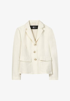 Cream-colored women's blazer with notch lapels, three buttons, and two front flap pockets, displayed on a white background.