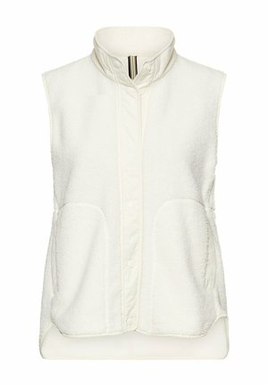 Weiße ärmellose Fleeceweste mit hohem Kragen, Druckknopfverschluss vorne und zwei Vordertaschen.