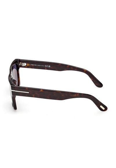 Dunkle Schildpatt-Brillengestelle in rechteckiger Form mit silbernen Akzenten und dem Schriftzug "Tom Ford Made in Italy" an der Innenseite des linken Bügels.