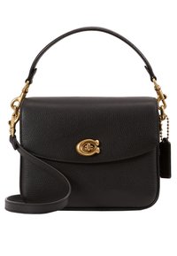 Borsa a tracolla nera in pelle con finitura texturizzata, hardware color oro e chiusura a pattina curva. Dotata di un manico corto e di una tracolla rimovibile.