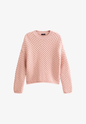 Pull rose pâle avec un motif clouté texturé, col rond, et manches longues avec poignets et ourlet côtelés.