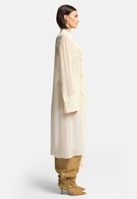 Camicia lunga in crema trasparente con dettagli a volant e polsini con bottoni, abbinata a stivali dorati a pois al ginocchio.
