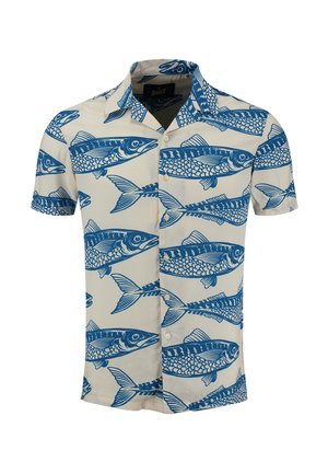 Camisa de manga corta con botones en color crema con estampado de peces azules, que cuenta con cuello, ajuste regular y textura de tela suave.