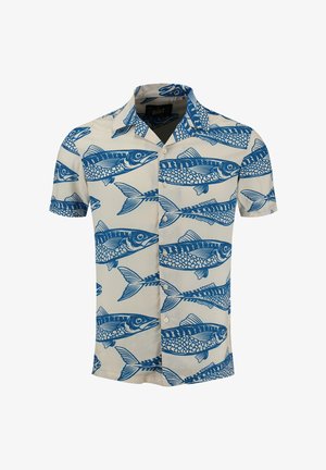 Camisa de manga corta con botones en color crema con estampado de peces azules, que cuenta con cuello, ajuste regular y textura de tela suave.