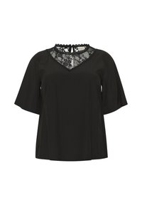 Haut noir avec des manches courtes et larges. Présente un panneau en dentelle au niveau du col et un design en V. Texture lisse avec de légères rayures verticales.