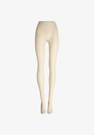 Cremefarbene Strumpfhose mit Struktur und Rautenmuster, glatter Oberfläche, elastischem Bund und enger Passform, die die Beine vollständig bedeckt.