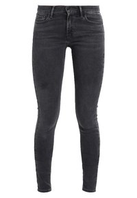 Jeans ajustados de denim gris oscuro con una textura suave, que cuentan con una cinturilla, cinco bolsillos y un diseño minimalista.