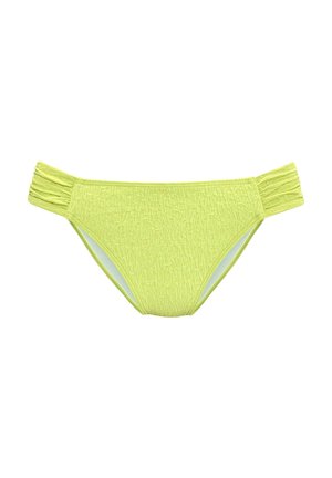 Green textured bikini bottom with gathered side straps. Features a bright lime color and smooth inner lining, designed for comfort and fit.