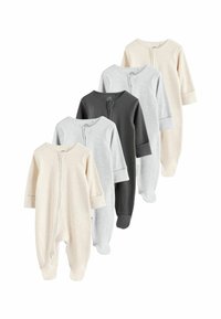 Set di cinque body neonato in tessuto a costine. I colori includono crema, grigio chiaro, grigio scuro e beige morbido. Presenta una chiusura frontale a zip e un design con piedi.