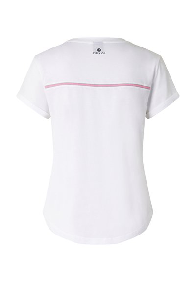 Weißes T-Shirt mit kurzen Ärmeln und abgerundetem Saum, rosa und grauer horizontaler Streifen über dem oberen Rücken und kleinem "Fire + Ice"-Logo nahe dem Halsausschnitt.