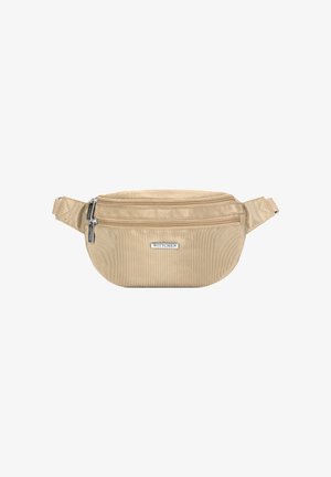 Beige heuprugzak met twee ritscompartimenten, gemaakt van duurzaam materiaal, met een verstelbare band en een klein merklabel aan de voorkant.