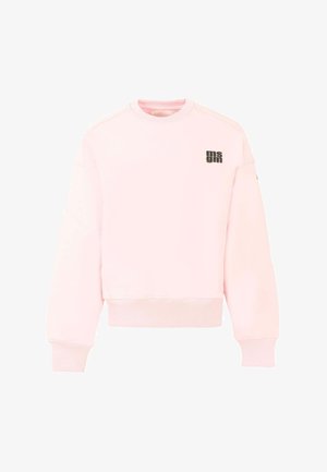 Sweatshirt rose clair avec des poignets et un ourlet côtelés, arborant un logo noir sur la poitrine gauche. Fabriqué en tissu coton doux, il possède un col ras du cou.