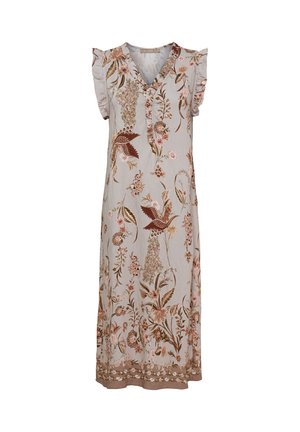 Ærmeløs lys beige kjole med flæser på skuldrene, blomster- og fugleprint i brune og lyserøde toner samt et mønstret kantbånd.