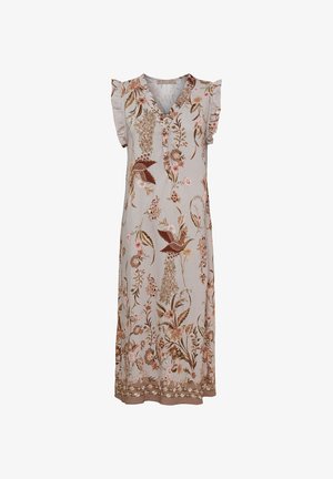 Ærmeløs lys beige kjole med flæser på skuldrene, blomster- og fugleprint i brune og lyserøde toner samt et mønstret kantbånd.