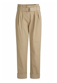 Beige bukser med en tapered pasform, der har en bred talje, bælte med metalspænde og to frontfolder. Oppustede nederkanter. Letvægtsstof.