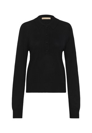 Sort strikket sweater med krave, med en fem-knap lukning og lange ærmer. Glat tekstur og ribbet kant ved bunden og ærmerne.