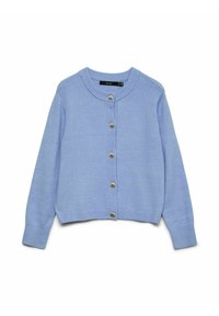 Cardigan tricoté bleu clair avec un col rond et des poignets côtelés. Présente six boutons dorés en forme de coquillage sur le devant.
