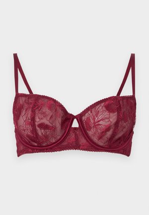 Burgunderfarvet blonde-bh med bøjler, blomsterbroderi, justerbare stropper og semi-gennemsigtige meshpaneler.