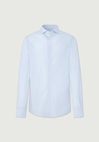 Chemise habillée à carreaux bleu clair en coton, dotée d'un col à boutons, de manches longues et d'un ourlet arrondi.