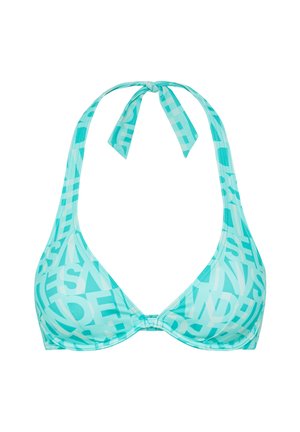 Turquoise halter bikini top with abstract light blue letter patterns, tied at the neck with a bow knot.
