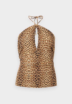 Leopárd mintás nyakbakötős felső elöl kulcslyuk kivágással és nyakkötővel, könnyű anyagból készült.