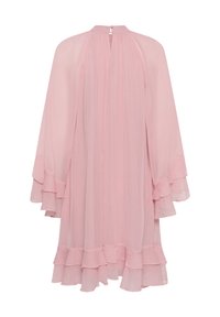 Helles pinkes Chiffonkleid mit hohem Kragen, langen Rüschenschößchen und mehrlagigem Rüschenrand. Verfügt über einen Schlüsselhole-Verschluss im Rücken.