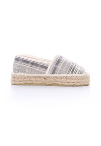 Scarpa espadrilla con tomaia in tessuto a righe grigie e bianche intrecciato, suola in juta naturale e design a punta rotonda. Nessuna parte in metallo visibile.
