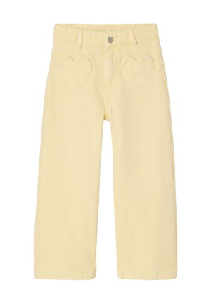 Gelbe weite Hosen mit herzförmigen Taschen vorne, Gürtelschlaufen und einem Knopfverschluss an der Taille.