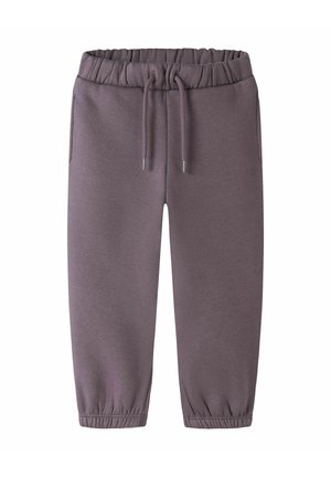 Pantalon de survêtement gris à taille élastique avec cordon de serrage et poignets élastiques, conçu pour un usage décontracté ou sportif.