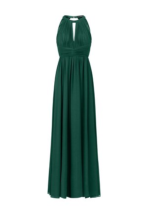Lungo abito verde con collare all'americana e dettaglio a chiave sul petto. Corpino plissettato che porta a una gonna fluida a trapezio. Tessuto dalla texture morbida.