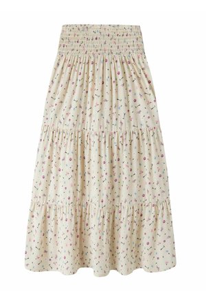 Kreemikas kihiline midi seelik roosa, sinise ja lilla lillemustriga ning kortsus elastse vööauguga.