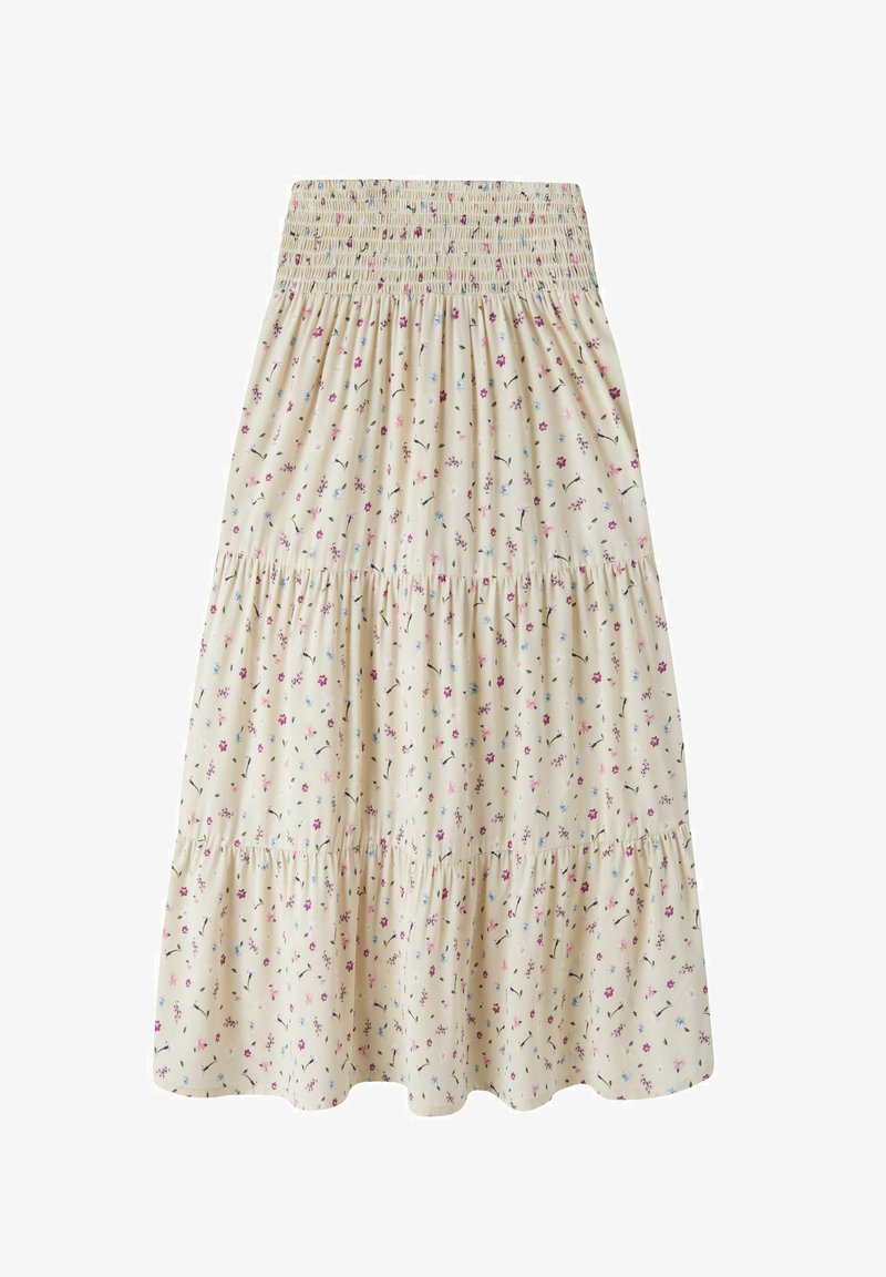 Μίντι φούστα σε κρεμ απόχρωση με ροζ, μπλε και μωβ λουλουδάτο σχέδιο και ελαστική ζώνη με ρυτίδες.