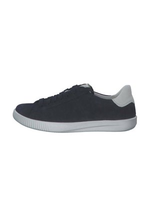 Navy suede sneaker with a white rubber sole, featuring a classic lace-up design and smooth back panel. Side view showcases subtle stitching.