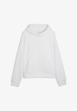 Hellgrauer Kapuzenpullover mit langen Ärmeln, Kängurutasche und dezentem Puma-Logo auf der Brust, präsentiert vor weißem Hintergrund.