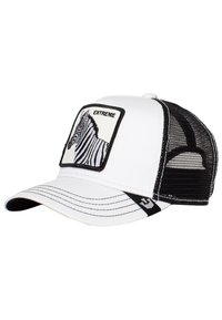 Gorra blanca con trasera de malla negra que presenta una ilustración de cebra y la palabra "EXTREME" en un parche cuadrado. Visera curvada, detalles cosidos.