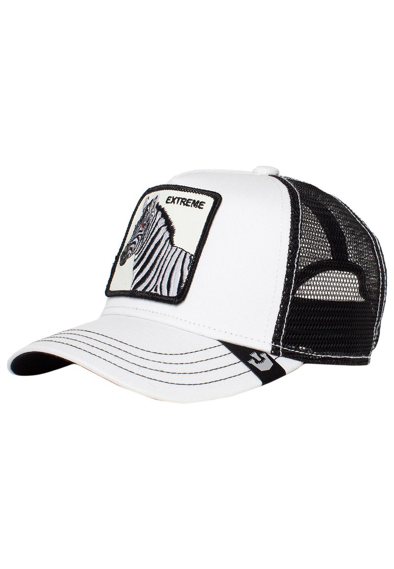 Gorra blanca con trasera de malla negra que presenta una ilustración de cebra y la palabra "EXTREME" en un parche cuadrado. Visera curvada, detalles cosidos.
